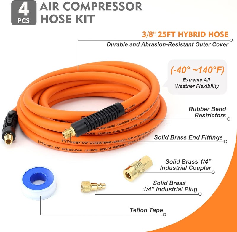 FYPower Air Compressor Hose 3/8 Inch x 25 Feet Hybrid Hose with Fittings, Flexible and Kink Resistant, 1/4" Industrial Quick Coupler and Plug Kit - Image 2